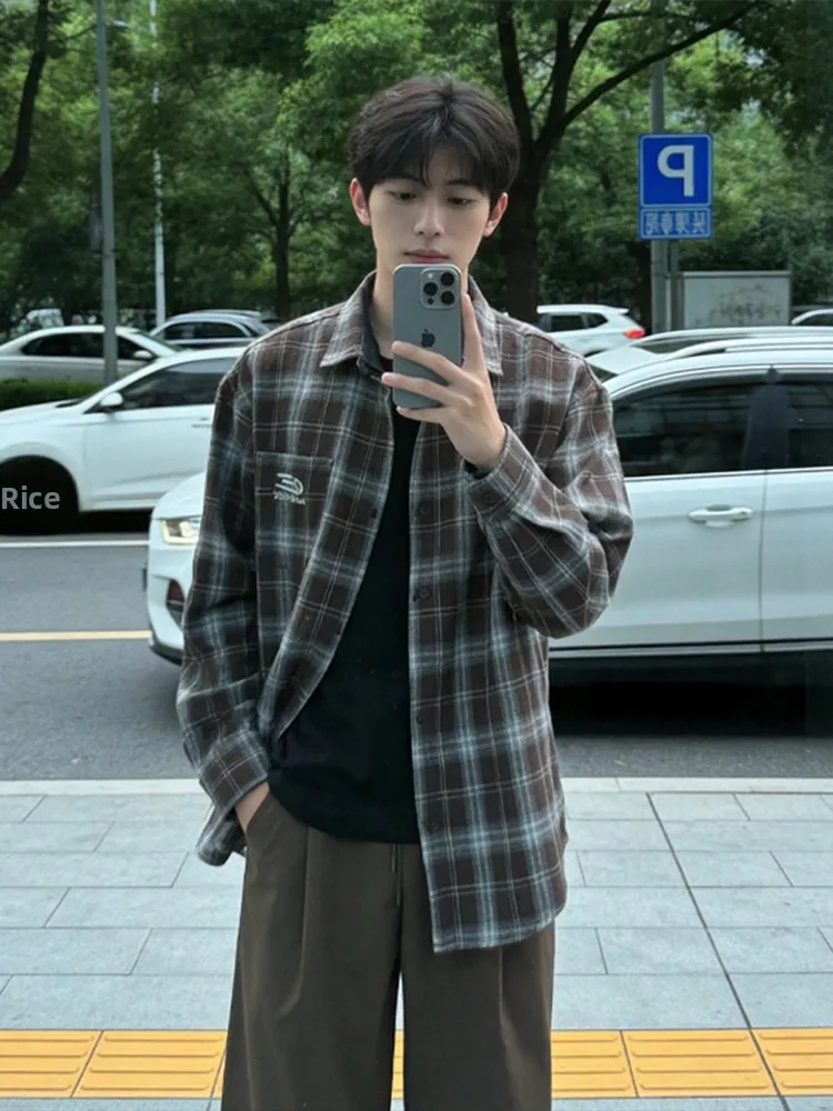 

Retro American Plaid irt Men's Long Sve Lazy Sle Cleanfit Trendy Cheered Faionable Outerwear Spring Season Casual ...