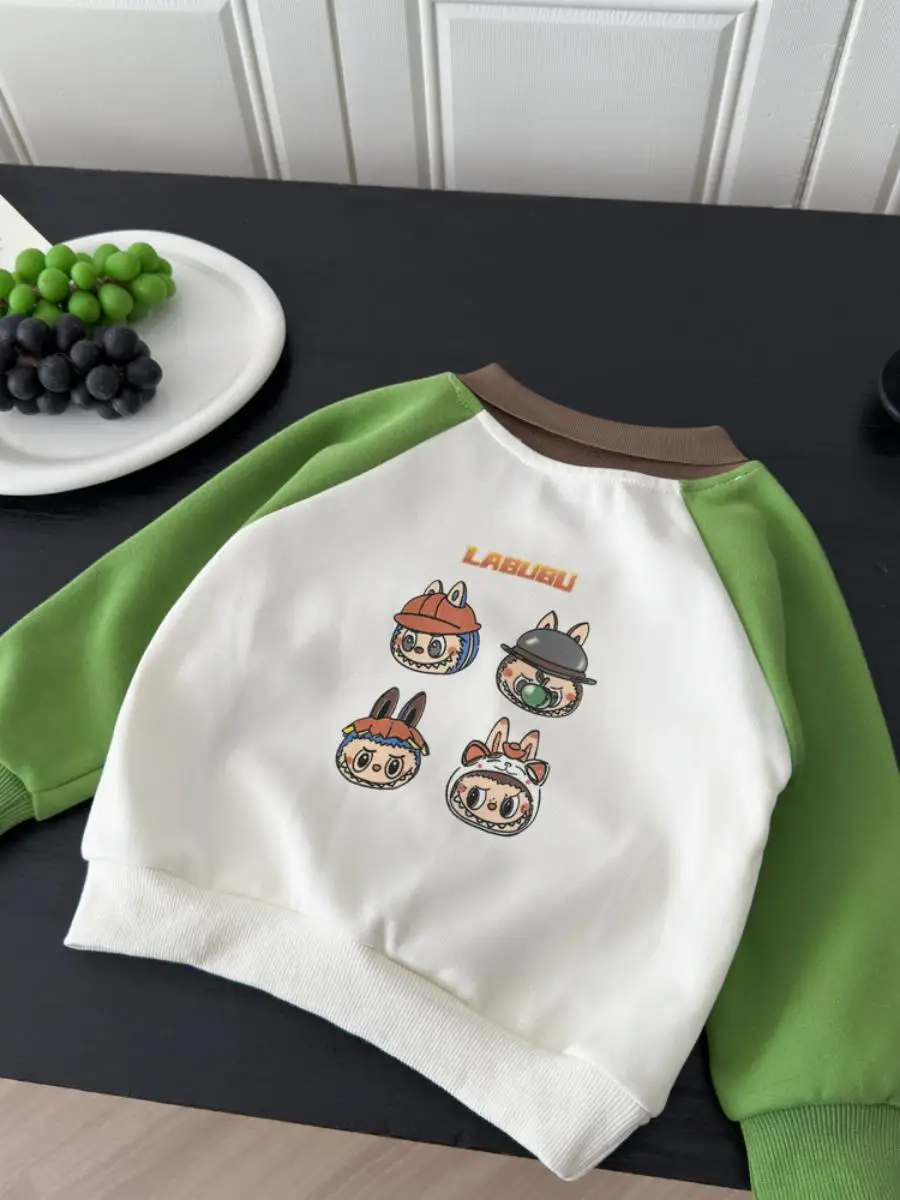 子供用カジュアルアニマル漫画プリントパーカー、襟付きパッチワークトップ、男の子と女の子向け、2025年秋新作