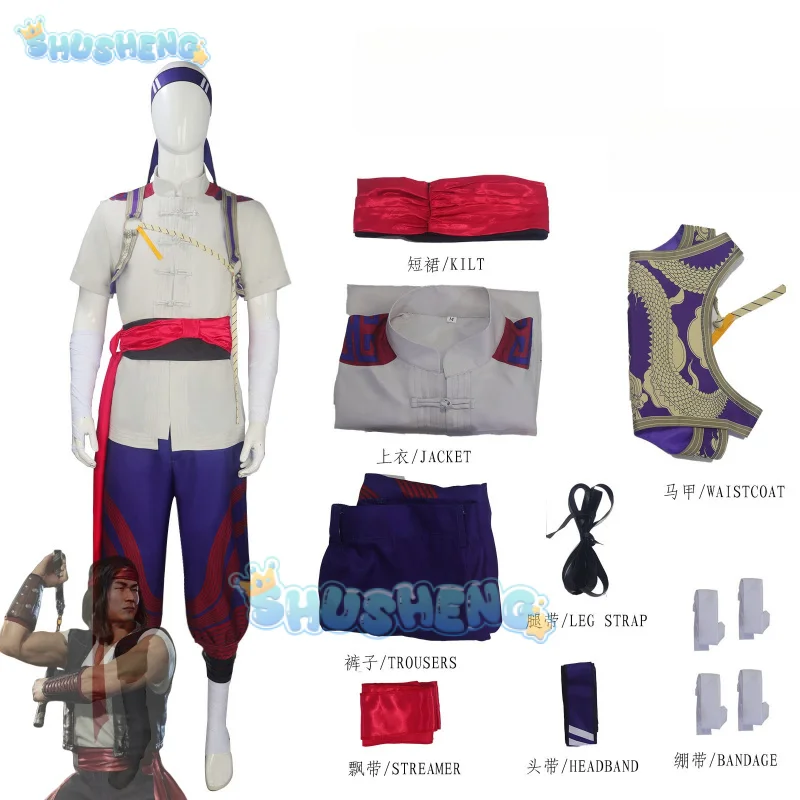 Liu Kang Cosplay Costume Mortal Kombat 1 Vest, Belt, Headwear, Bandage Halloween Party Chinese Style Fashion Uniform Man Set