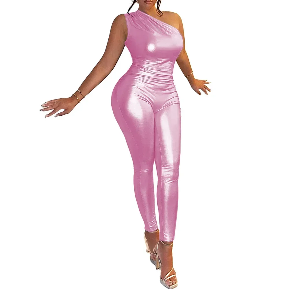 Monos de un solo hombro, Catsuits de vinilo metálico brillante, peleles ajustados sexis sin mangas para mujer, monos de calle a la moda