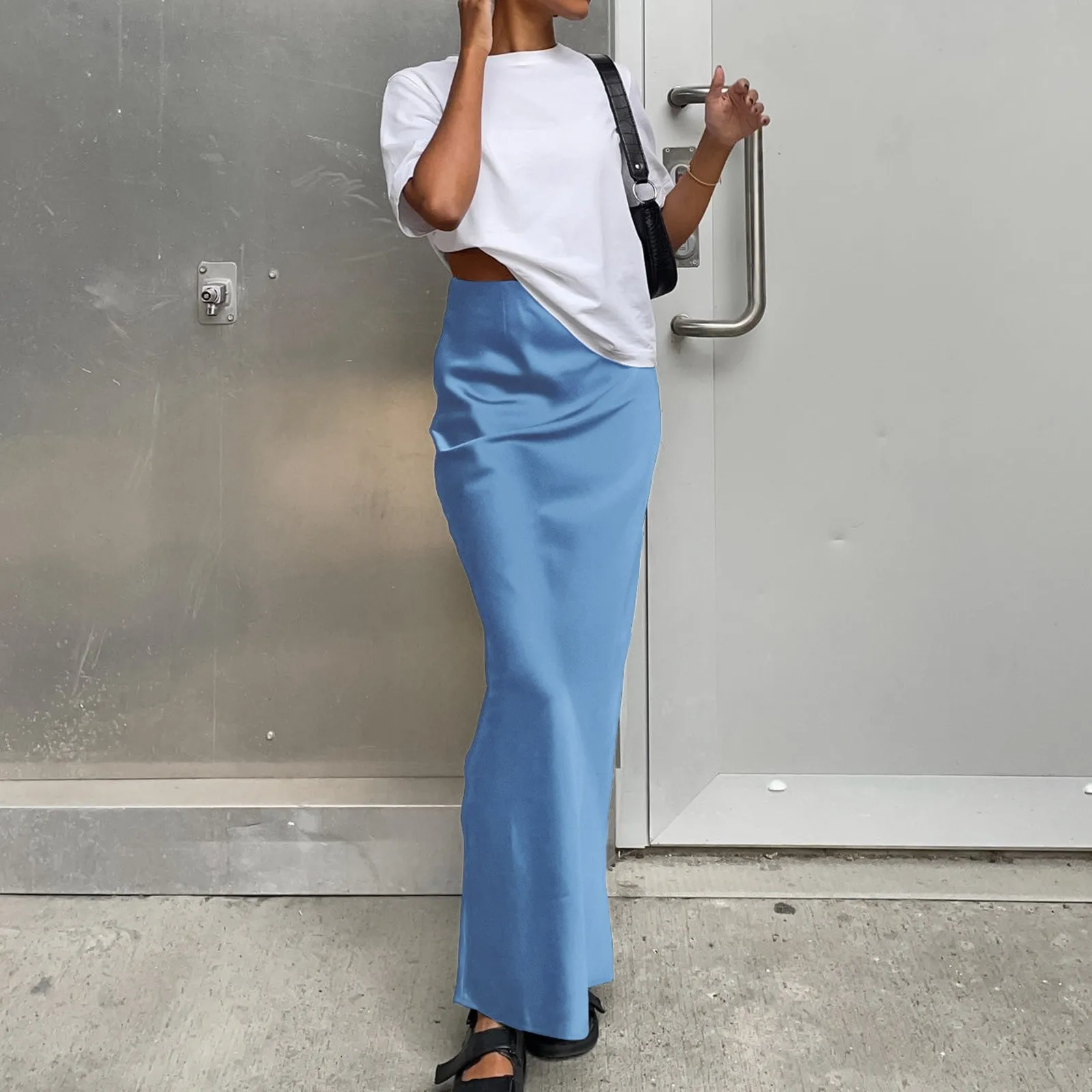 

Women's Black Elegant Satin Fashion Slim Skirts Four Seasons Casual High Waist Club Office Maxi Skirt