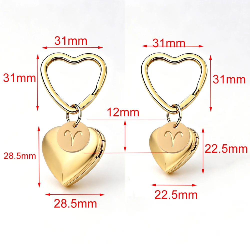 Fnixtar 10pcs Love Heart Photo Locket Pendant Key Chain Zodiac Stainless Steel Family Friends Jewelry Gift Bag Key Ring Decor