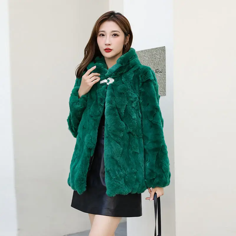 겨울 여성용 리얼 퍼 코트 루즈핏 탑 토끼털 재킷 후드 여성 의류 푹신한 털 천연 퍼 재킷 포켓 파카