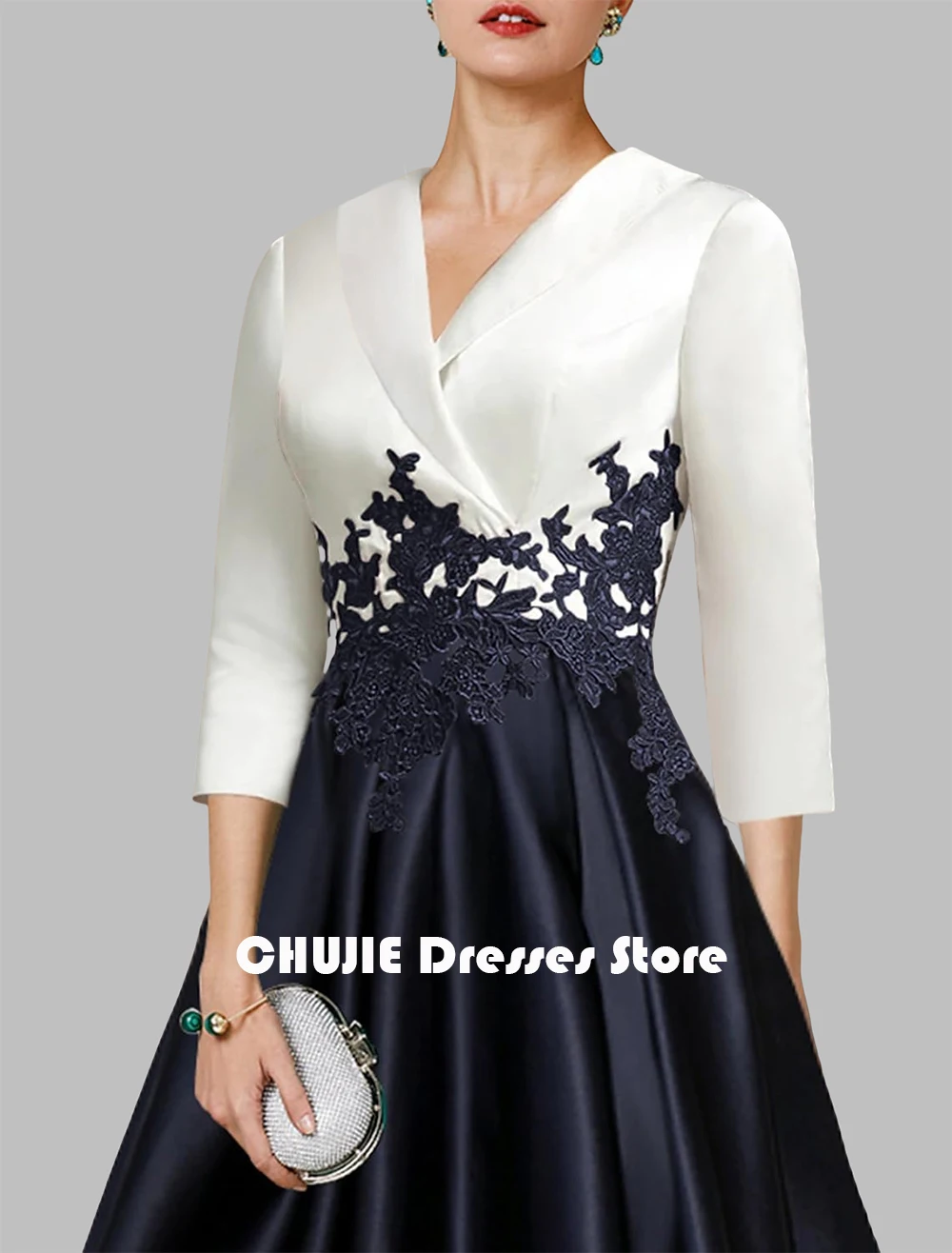 CHUJIE 3/4 Sleeve Split Joint Mother of The Bride Dresses With Applique Woman HIgh Low Satin Evening Dress Ball Gowns Customized