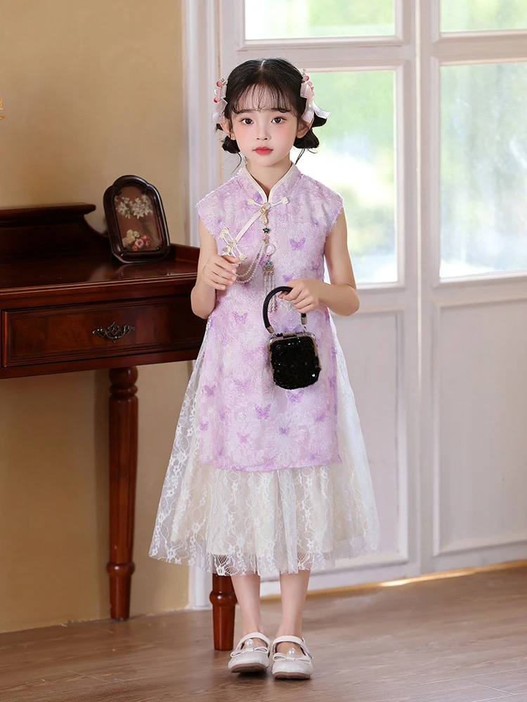 2025 letnia nowa chińska spódnica Cheongsam urocza księżniczka sukienki na imprezę Qipao kostiumy dla dziewczynek prezent urodzinowy dla dzieci noworoczne ubrania