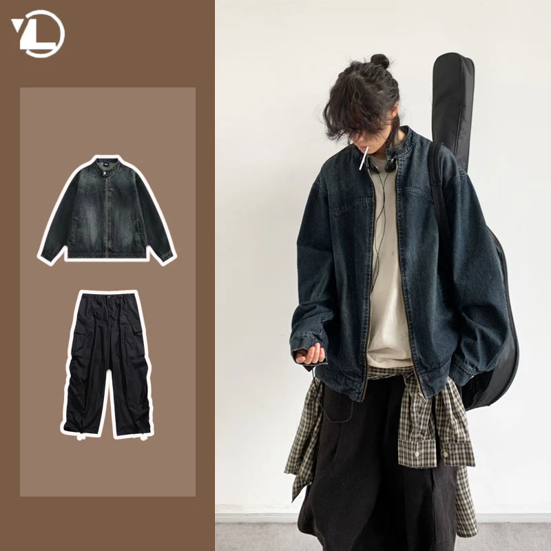 Nowe zestawy męskie Street Punk Wiosna Jesień Hip Hop Kurtki jeansowe + Duża kieszeń Spodnie Cargo z szerokimi nogawkami 2-częściowe zestawy Modne garnitury Unisex