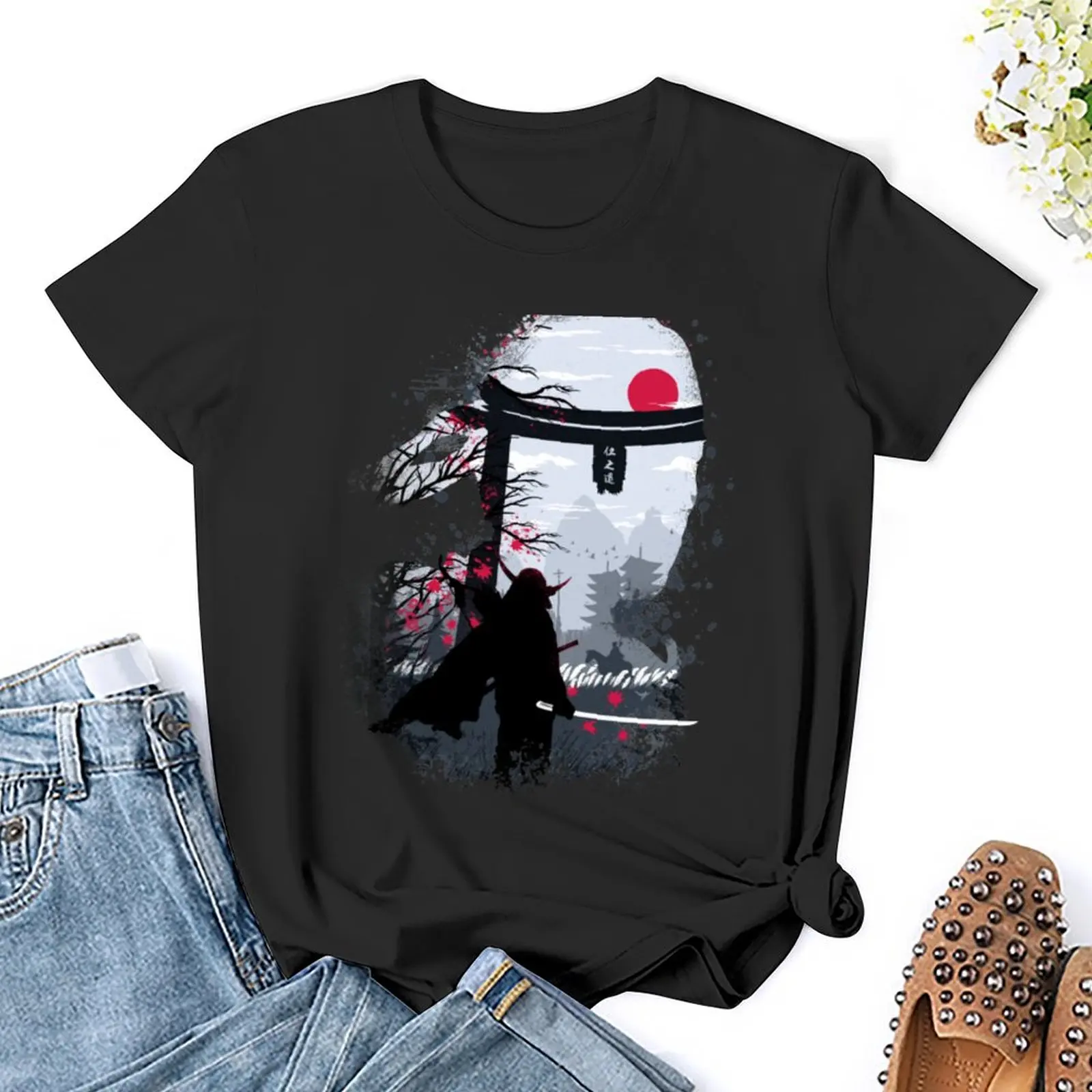 T-Shirt Vintage à Motif de Samouraï Flow pour Femme, Vêtement à Motif d'Animal