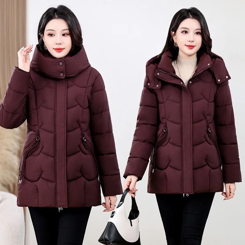 Winter Cotton Padded Jackets Women Loose Solid Hooded Windproof Thick Warm Pockets Mid Length Elderly Mom Outer Garment Trend