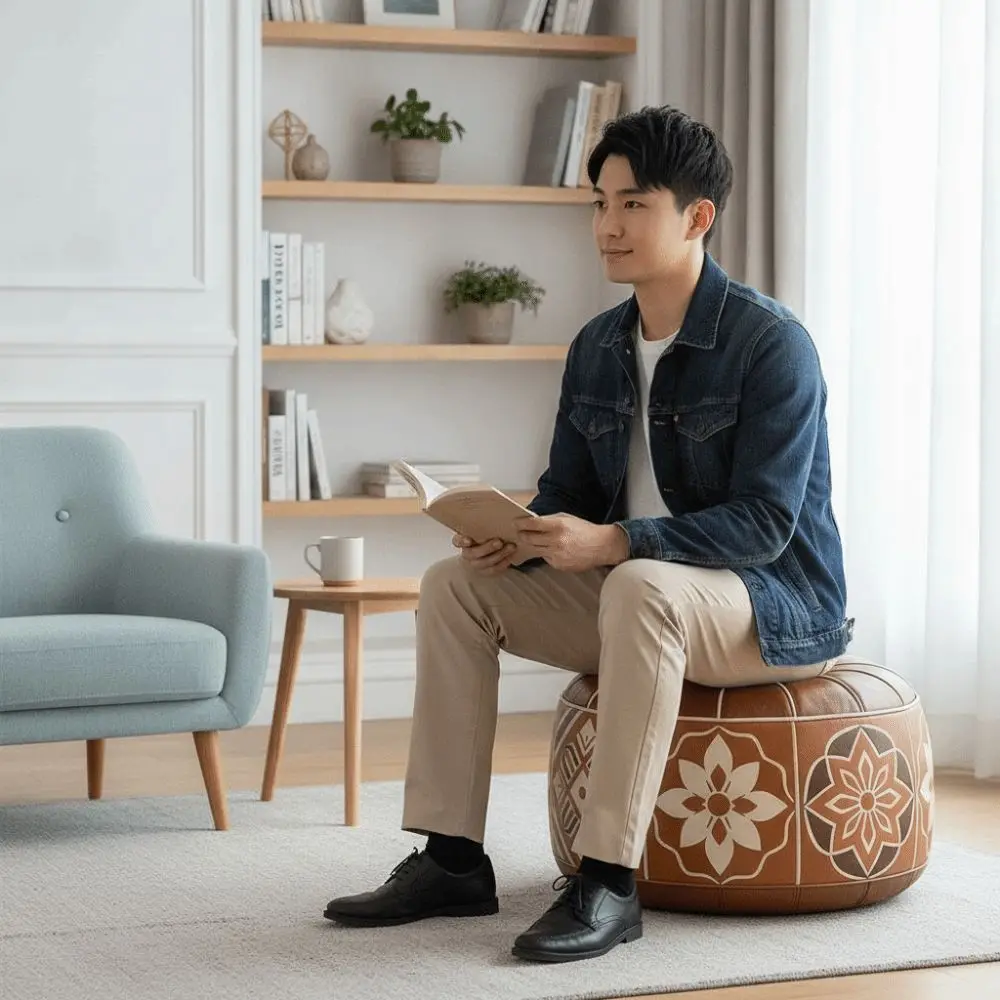 Boho Pattern Ottoman Pouf PU Leather Large Opening Storage Ottoman Water Resistant Fillable Design Footstool Cover Living Room