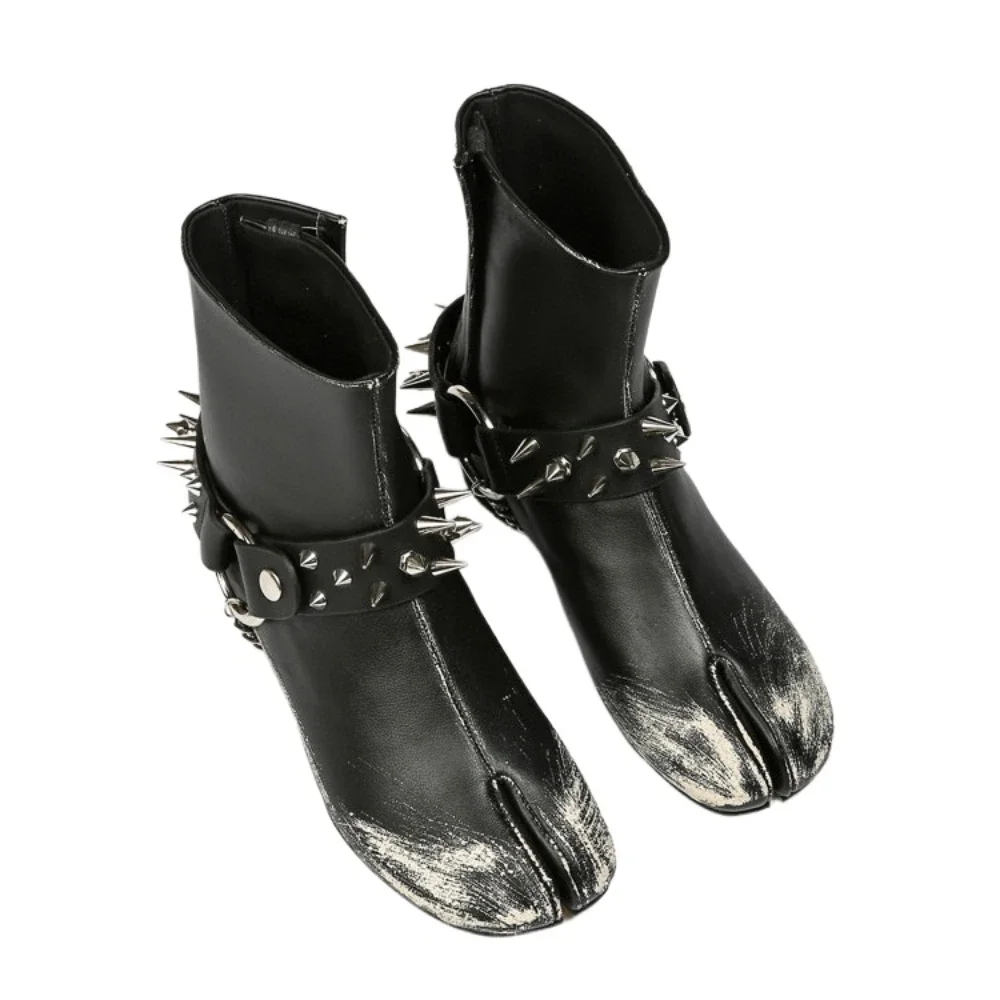 Rivet Belt Buckle Short Booties Punk Genuine Leather Distressed Mid-calf Boots Metal Chain Women Buckle Chelsea Boots Designer