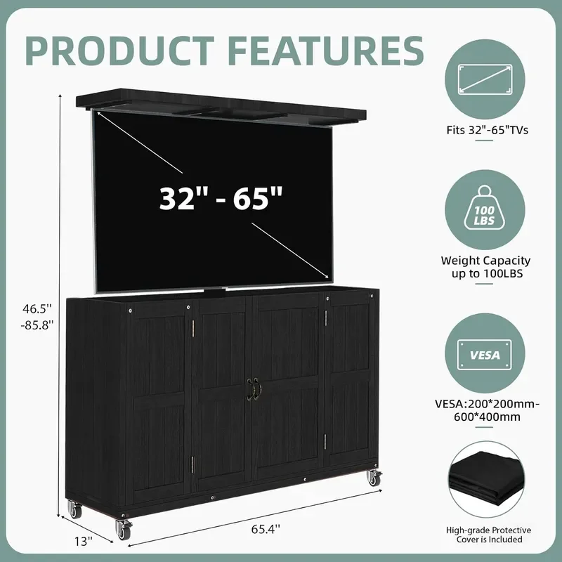 Motorized TV Lift Cabinet Fits 32 65 Inch TVs Black