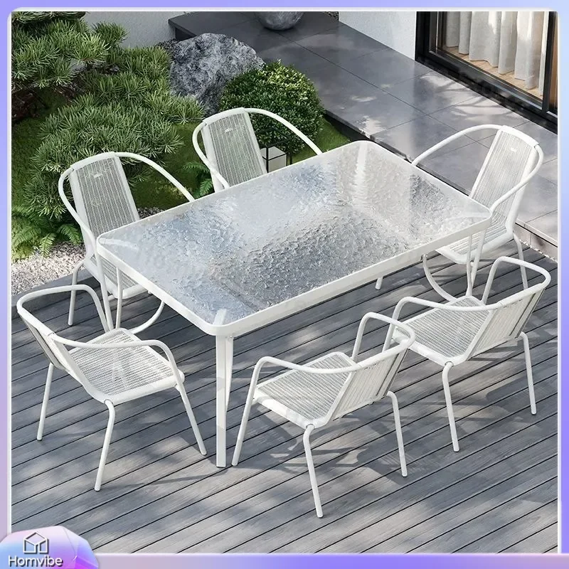 Outdoor Rattan Furniture Set Wrought Iron Garden Table and Chairs Waterproof Patio Balcony Leisure Dining Combo Backrest