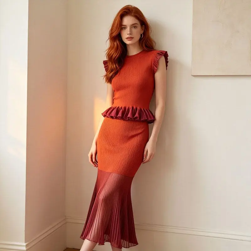 High Waist Knitted Summer Two-Piece Set Sleeveless Gored Skirt Fish Tail Half Skirt Ensemble Fashionable round Neck Crop Top