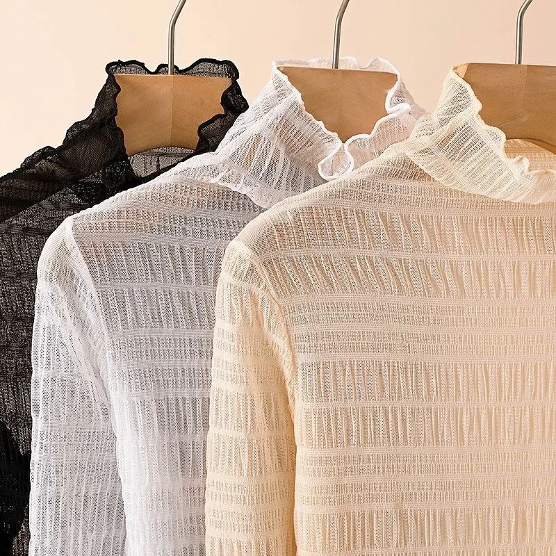 Sexy Transparentes Mesh-Langarm-Oberteil für Damen mit Stehkragen und Blumenmuster, Durchsichtiges T-Shirt, Bluse, Streetwear – Detail 33