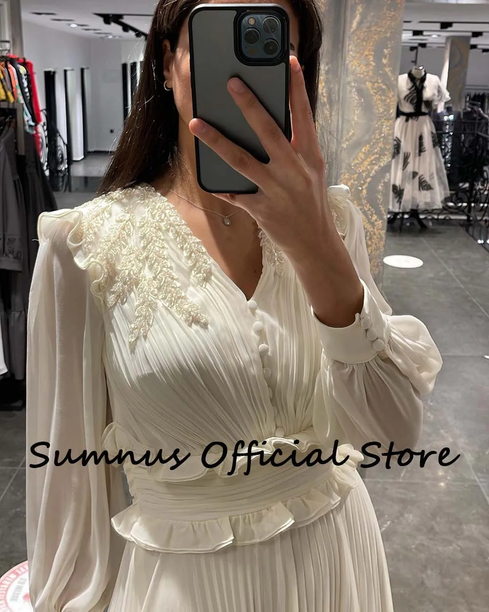 Sumnus White Chiffon Long Sleeve Evening Dresses Beads V Neck Pleats Ruched Midi Prom Party Dress Customized Dubai Formal Gowns