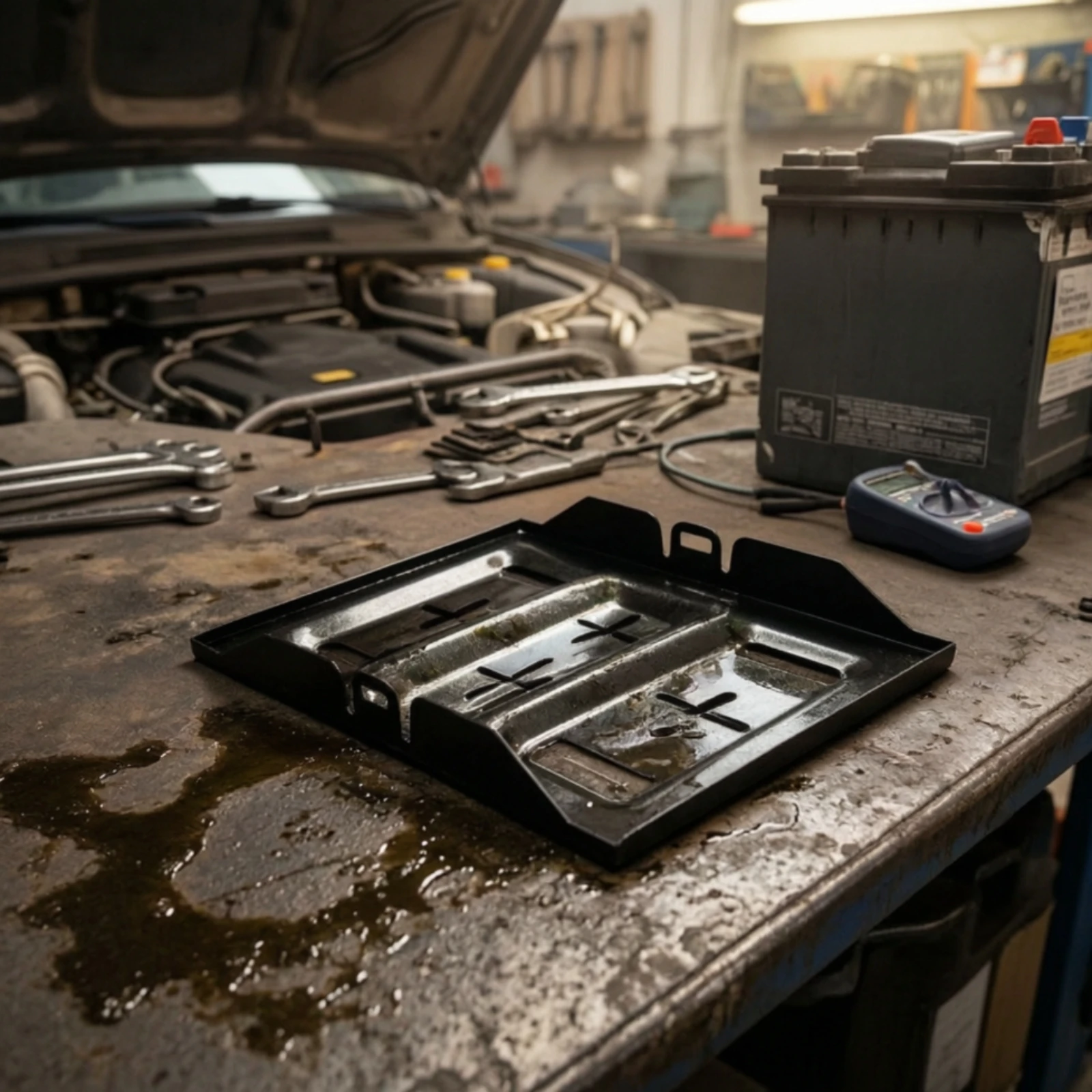 Plaque de base de batterie noire, plateau de batterie anti-corrosion, résistant à la rouille, pour les passionnés de voitures, compartiment moteur, réparation automobile