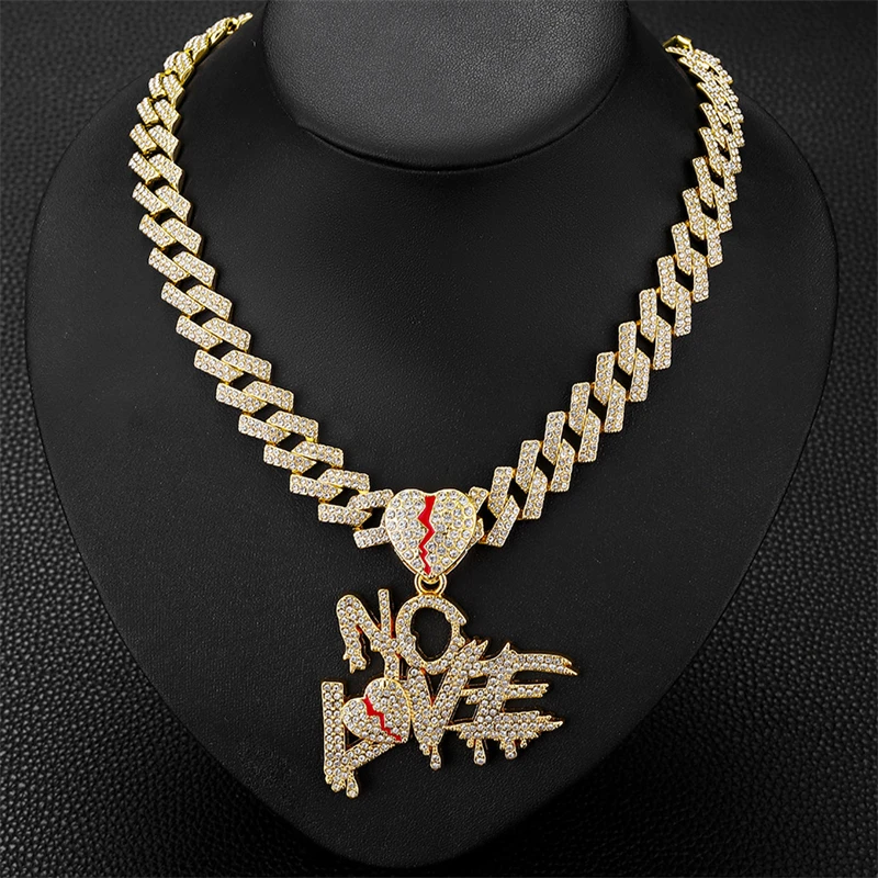 

Hip Hop Punk Full Zircon Cuban Chains NO LOVE Pendants Necklace for Men and Women Heart Broke Statement Necklaces Jewelry