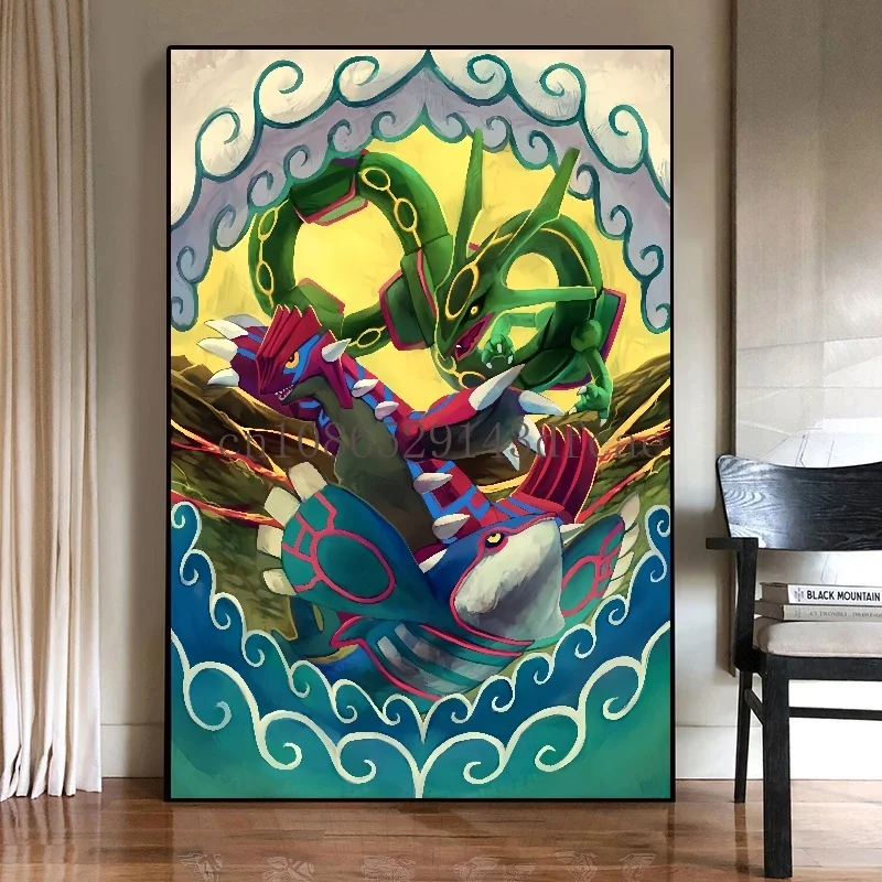 Japanese Anime Peripheral Pokemon Poster Decor Pikachu Rayquaza Wall Art Watercolor Canvas Painting Modern Room Decor Picture