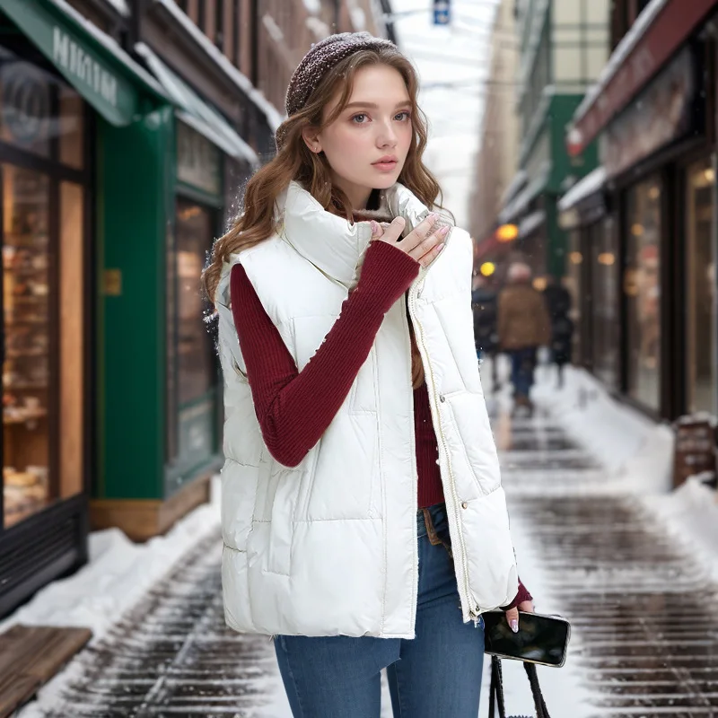 2025 Winter Women's Cotton Vest Stand Collar Pure Color Sleeveless Female Coats Commuting Thickened Warm Quilted Jacket For Lady