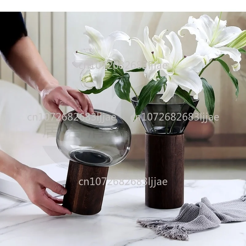 Glass Vase Double-layered Wooden Flower Vase Flower Arrangement Accessories Hydroponics Terrarium Home Decoration Accessories