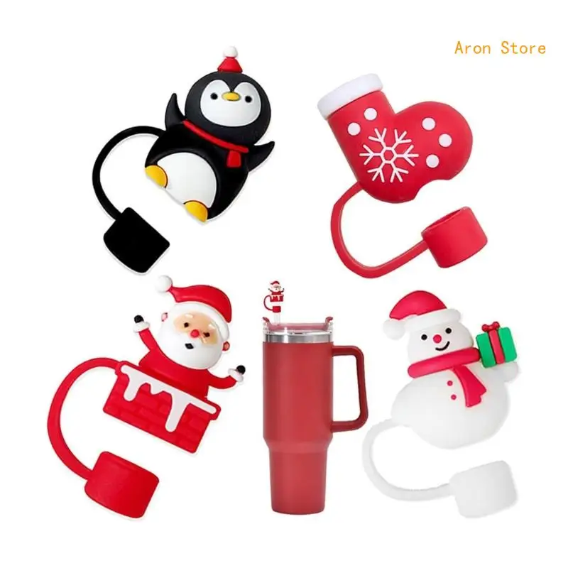 Durable Straw Covers Set, Portable, Dustproof, Toppers Lid, Christmas Cartoon, Tip Party Supplies, H3CF, Set of 7