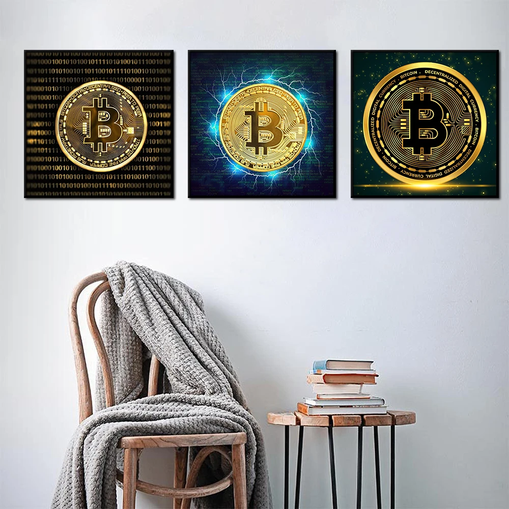 

Gold Bitcoin Painting Canvas Poster Print Modern Abstract Wall Art Cryptocurrency Pictures Living Room Home Office Decor Cuadros