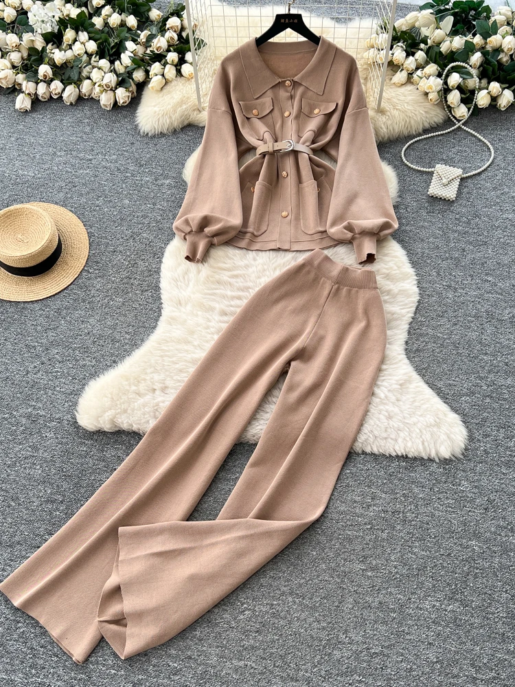 

Ele Трикотажный женский комплект Long Sve с высокой талией и длинными брюками с поясом, модный металлический дизайн с запахом на талии, осенняя одежда