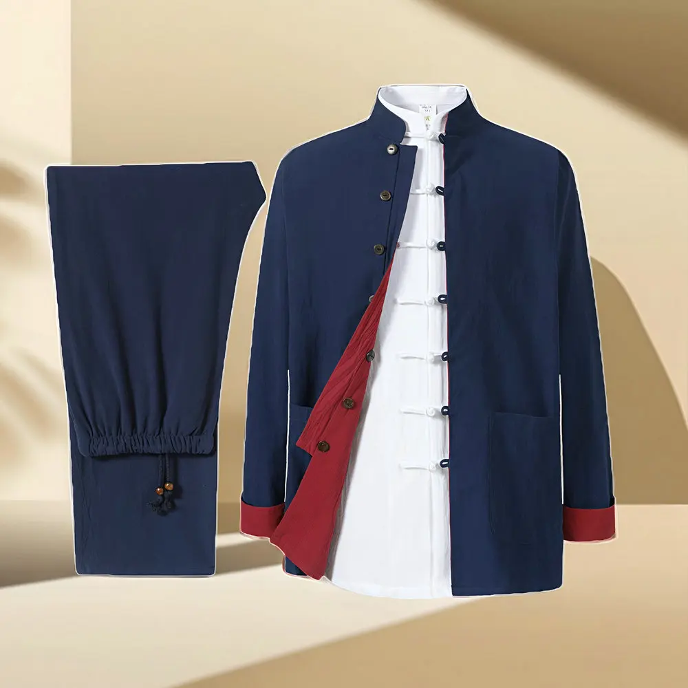 

Old Money Style Men's Reversible Cotton Set Red-Blue Green-Grey Black-White Colorways Top And Trousers 2 Pieces Suit Set 2025