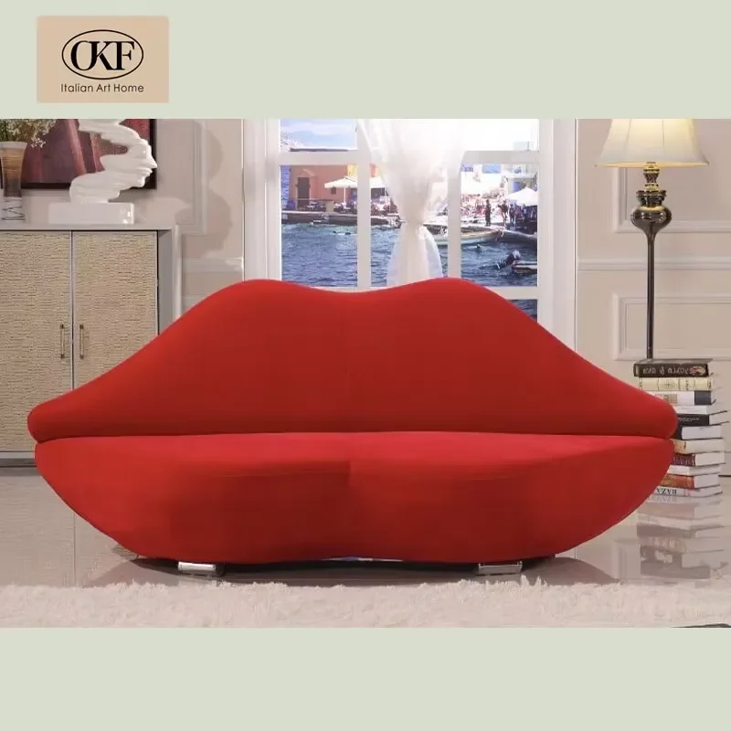 OKF Hot Sale Italian Sofa Style Red Living Room Salon Waiting Area Furniture Design Modern Red Lip Sofa Lip Shaped Couch