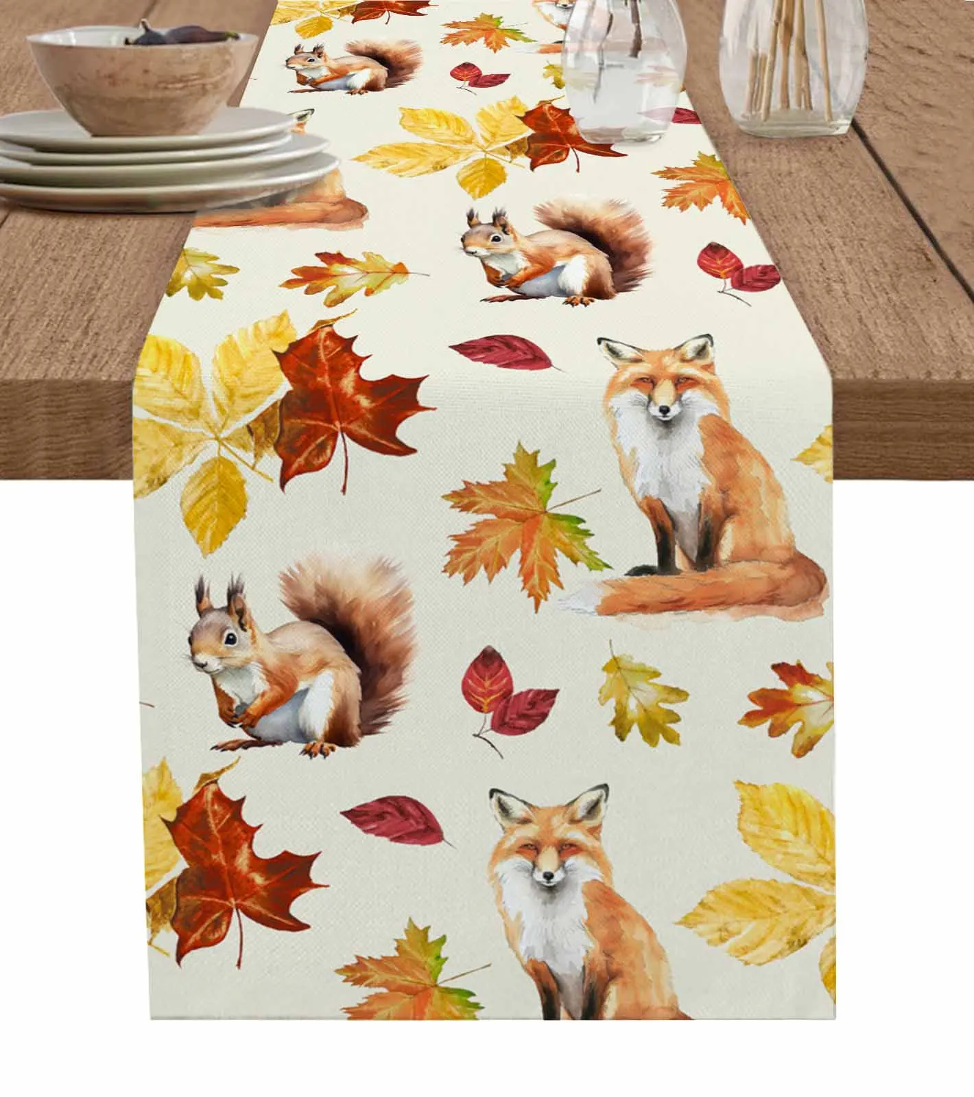 Autumn Plants Squirrel Fox Table Runners Holiday Kitchen Table Decor Cotton Linen Table Runners Wedding Party Decor