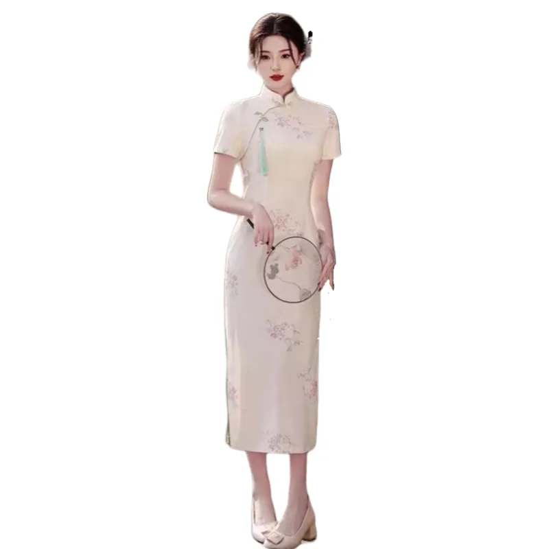 Begonia Flower Print Qipao Chinese Retro Style Long Cheongsam Stand Collar Short Sleeve Side Slit Slim Fit Dress Women's Clothes