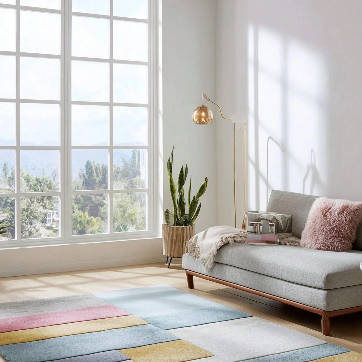 Tufted Wool Carpet, Pastel Geometric Color Block Patchwork Carpet.