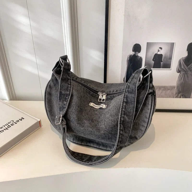 Denim Zipper Ladies Shoulder Bags Casual Sewing Thread 2024 Hot Sale Crescent Crossbody Bags for Women Bolsas Femininas