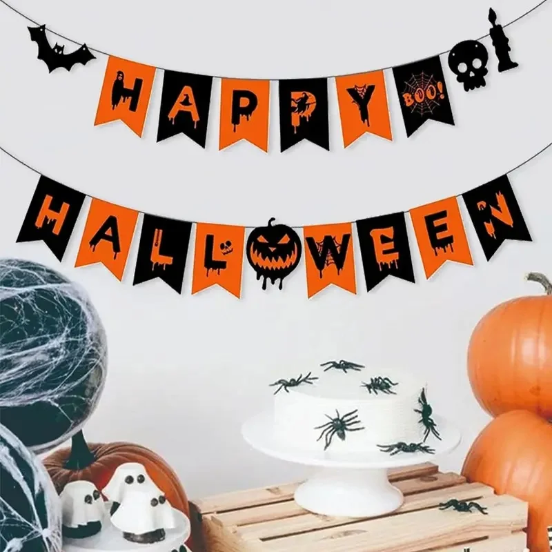 Halloween Party Flags – Bat, Pumpkin & Witch Paper Banner for Home & Family Decoration