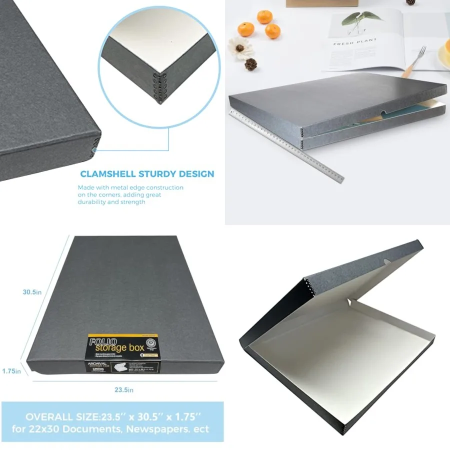 

Folio Storage Box, Clamshell Design with Metal Edge..5.5 in, Archival Boxboard, Organize and Preserve Photos, Prints, Cards, Ma