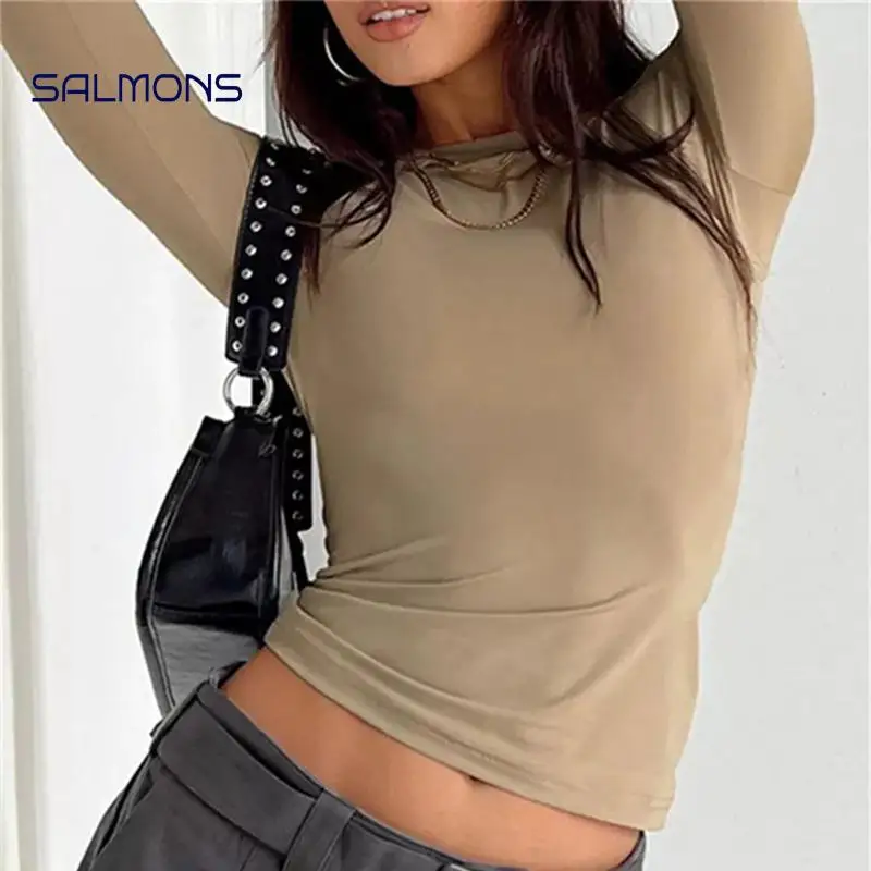 Herbst Winter Y2k Crop Frauen Langarm T-shirt O Neck Slim Fit Pullover Solide Grund T Weibliche Streetwear Casual Basis Tops