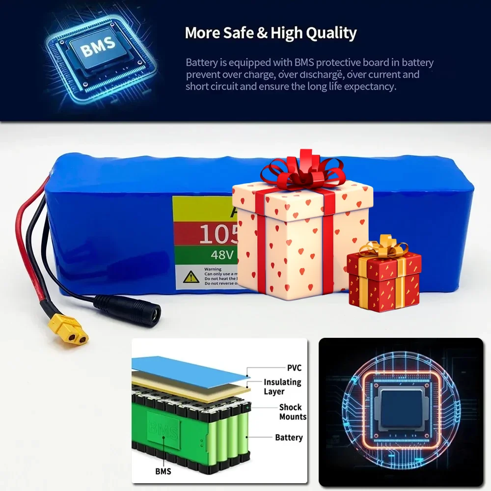 

48V 10.5Ah High Capacity Lithium-ion 13S3P Battery Pack - 1000W BMS Rechargeable for 54.6V E-bike Electric Scooter Bicycle