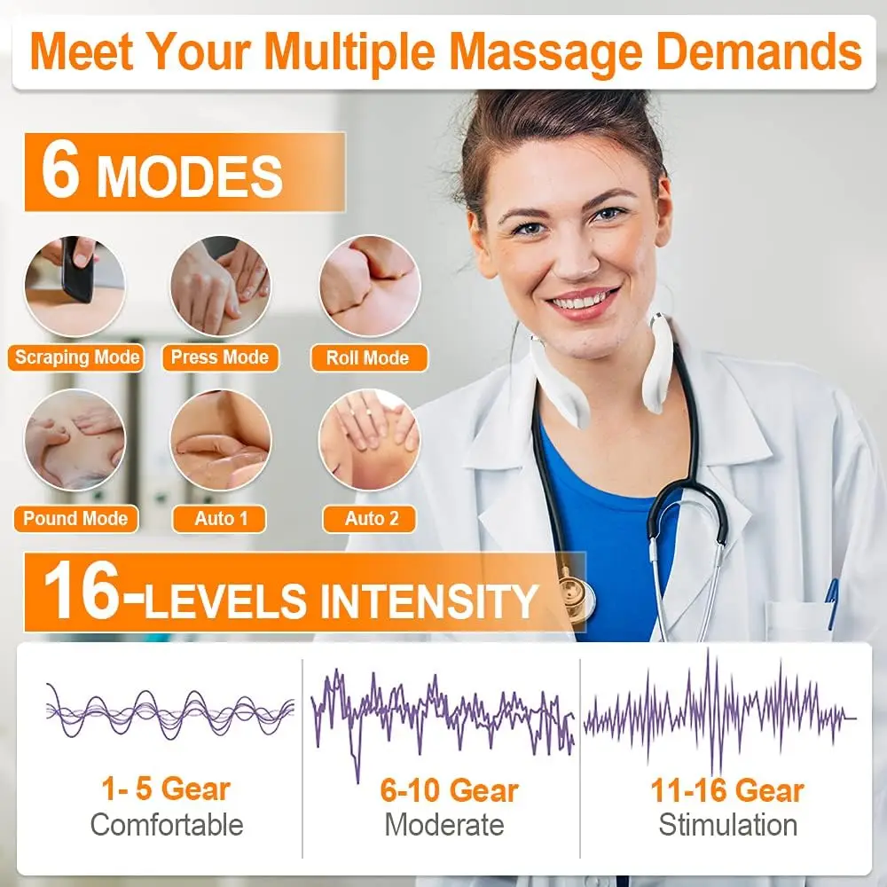 Intelligent Portable Neck Massager with Heat for Pain Relief, Cordless Pulse Neck Massager with Voice Broadcast & 6 Modes 16 Lev
