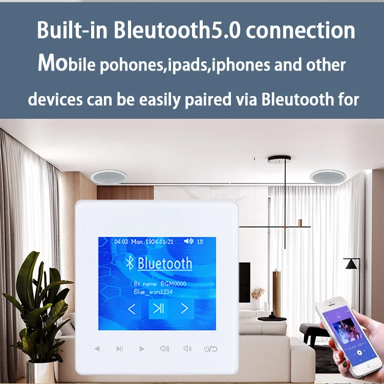 Indoor Background Music System Home Hotel Architecture Apartment Villa Blue tooth Connection Wall Amplifier With Touch Key