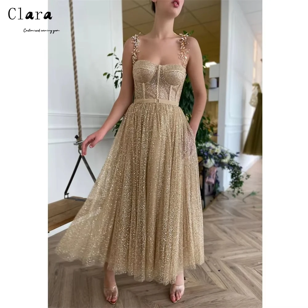 

Клара на заказ, блестящее трапециевидное платье цвета шампанского с открытыми плечами, роскошное женское элегантное вечернее платье 2025, роскошные вечерние платья, женские элегантные