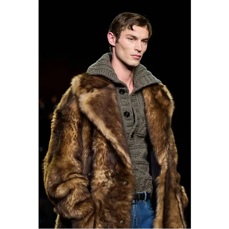 Thick Jacket Winter Fur Overcoat Men Faux Fur Mink Cardigan Open Stitch Spliced Pockets High Street Outerwear Windbreaker