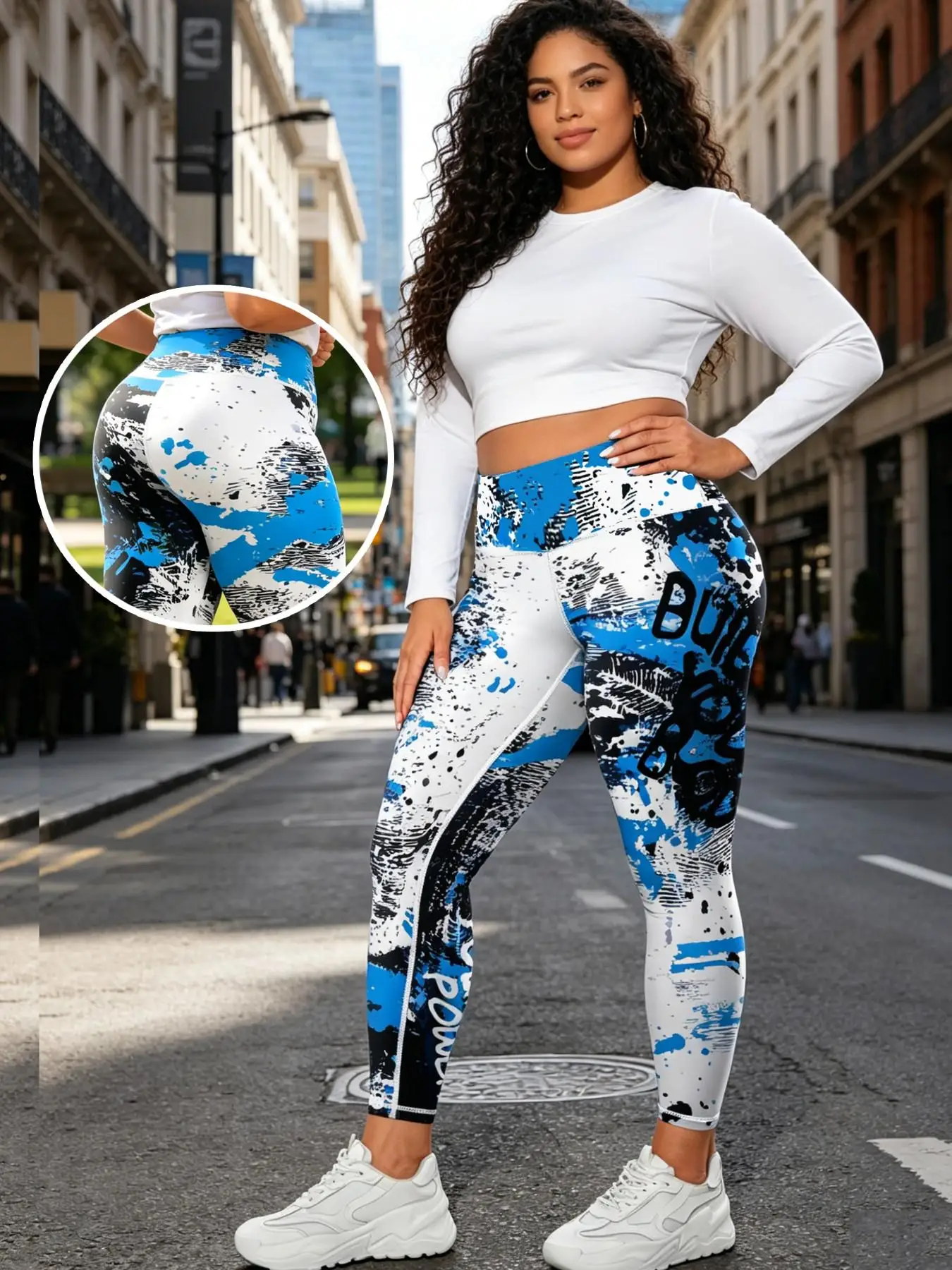 Plus-size sky-blue letter-print leggings for curvy women,featuring a variety of prints. Comfortable and figure-flattering for sp