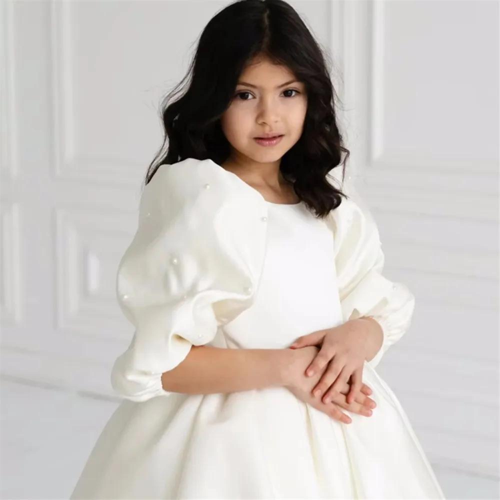

Elegant Flower Girl Wedding Dress Satin Pearls Half Sleeve Kids Girls Birthday Pageant Party Kids Holy Communion Gown Customized