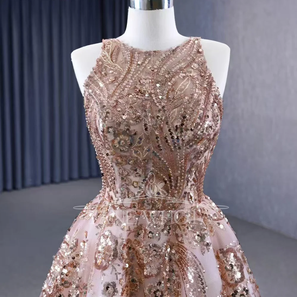 فستان سهرة بدون أكمام برقبة دائرية ورباط من الخلف ومطرز بالكريستال وقابل للتخصيص لملابس الحفلات