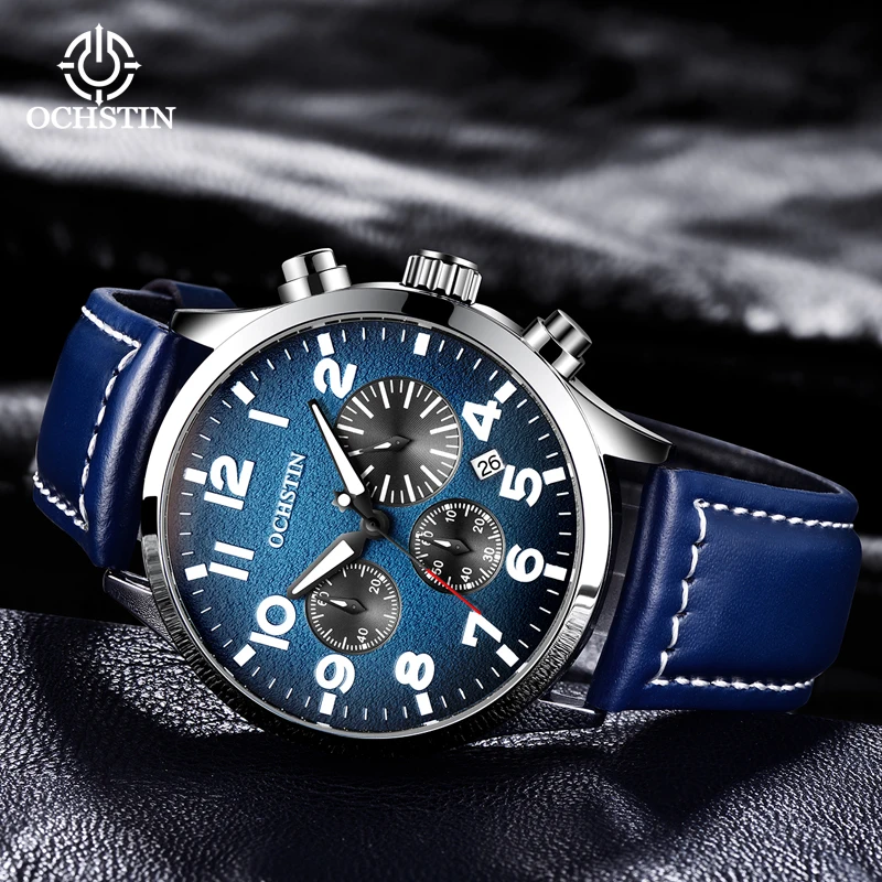 OCHSTIN Sport Men Watches Analog Quartz Chronograph Stopwatch Date Military Leather Strap Male Wristwatches Clock Gifts for Him
