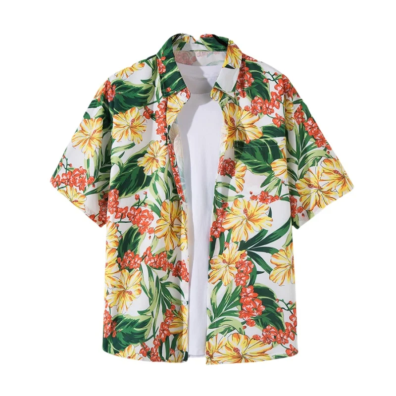 Men's Summer Travel Seaside Vacation Short Sleeve Flower Shirt Loose Casual Handsome Retro Hawaiian Beach Floral Shirt Coat
