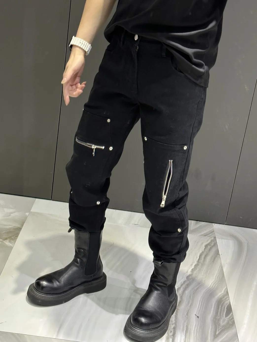 Men's Fashion Zipper Rivet Personality All-Matching Jeans Micro-Elastic Slim Fit Pants Slimming Solid Color Men's Trousers