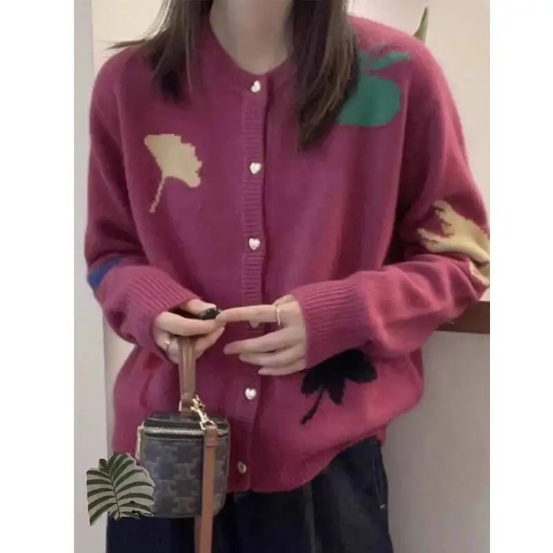 

Осень-зима женский корейский модный простой шикарный однобортный кардиган винтажный повседневный свободный вязаный свитер с круглым вырезом и длинными рукавами