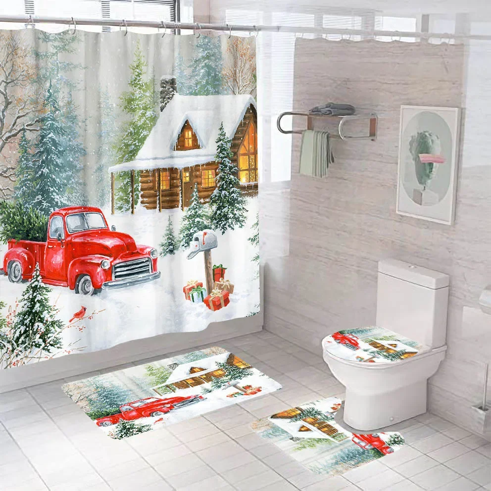 Merry Christmas Shower Curtain Set Santa Snowman Gnome Red Truck Xmas Tree Print Bath Curtain 3/4pcs Bathroom Holiday Decor