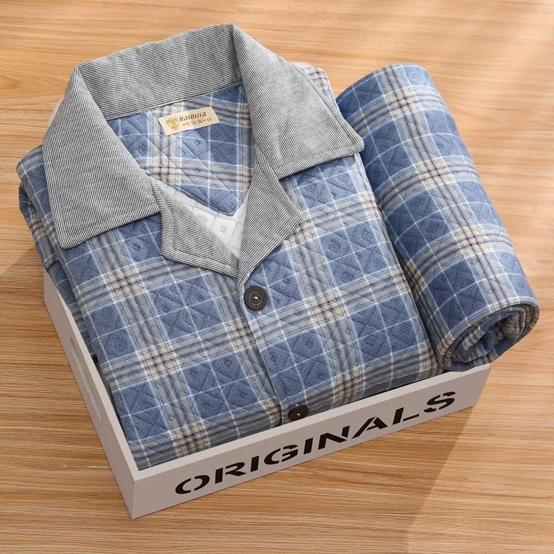 2024 New Men Pajama Three Layer Cotton Sandwich Thickened Autumn Winter Air Cotton Homewear Middle-aged Elderly People Sleepwear